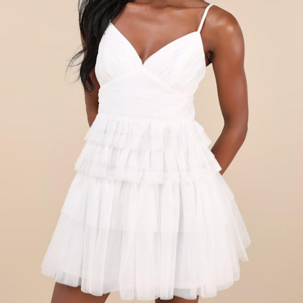 Lulus Special Poise White Tulle Pleated Sleeveless Tiered Mini Dress - Size M